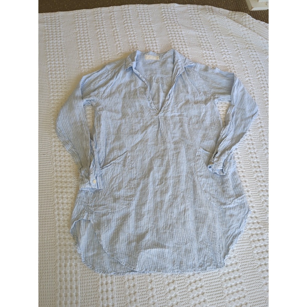 CP Shades Linen Oversized Tunic Striped V Neck Long Sleeve Blue White Pockets‎